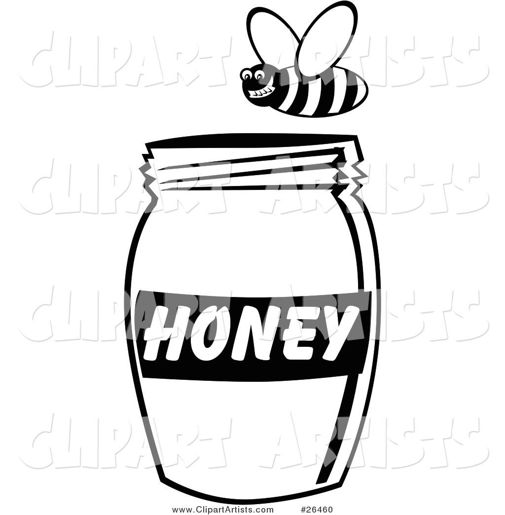 Grinning Bee Flying Above a Jar of Honey, Black and White
