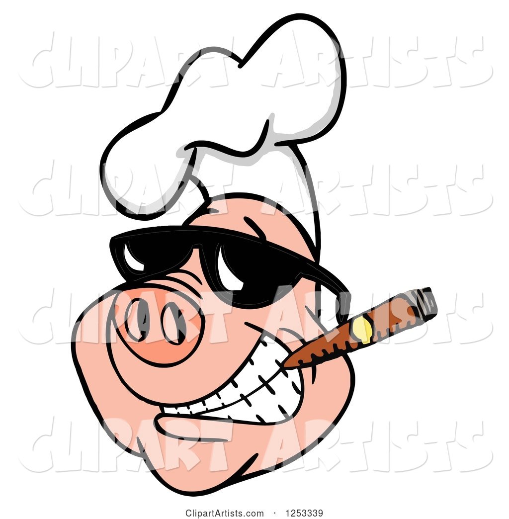 Grinning Pig in a Chefs Hat and Sunglasses, Smoking a Cigar
