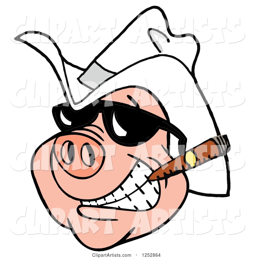 Grinning Pig Smoking a Cigar and Wearing a Cowboy Hat