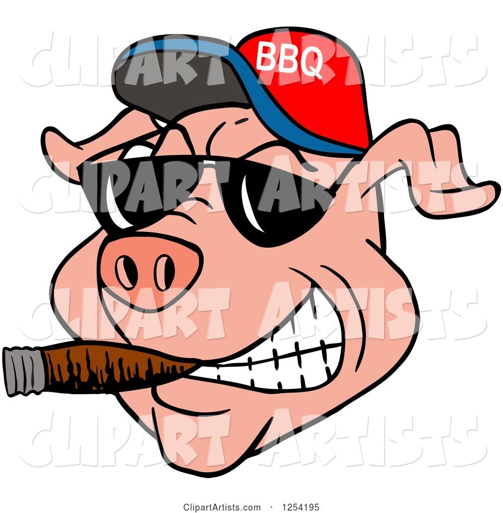 Grinning Pig Smoking a Cigar, Wearing Sunglasses and a Bbq Hat
