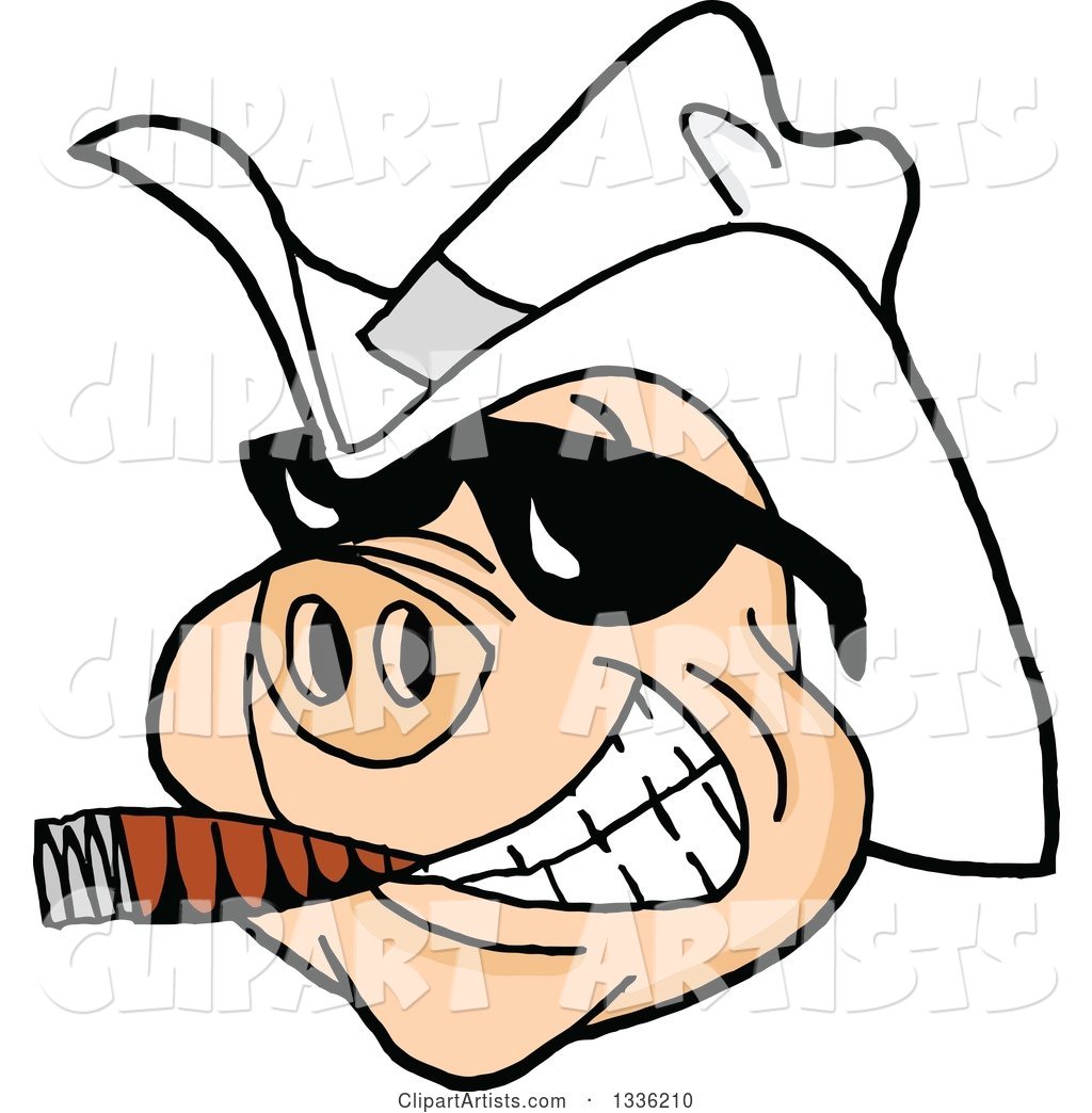 Grinning Pig Wearing Sunglasses and a White Cowboy Hat, Smoking a Cigar