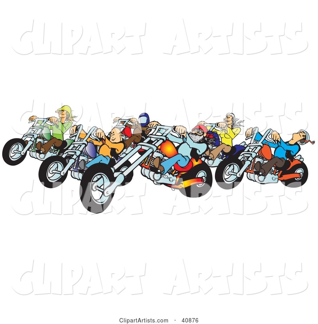 Group of Biker Chicks and Dudes Riding Their Colorful Choppers