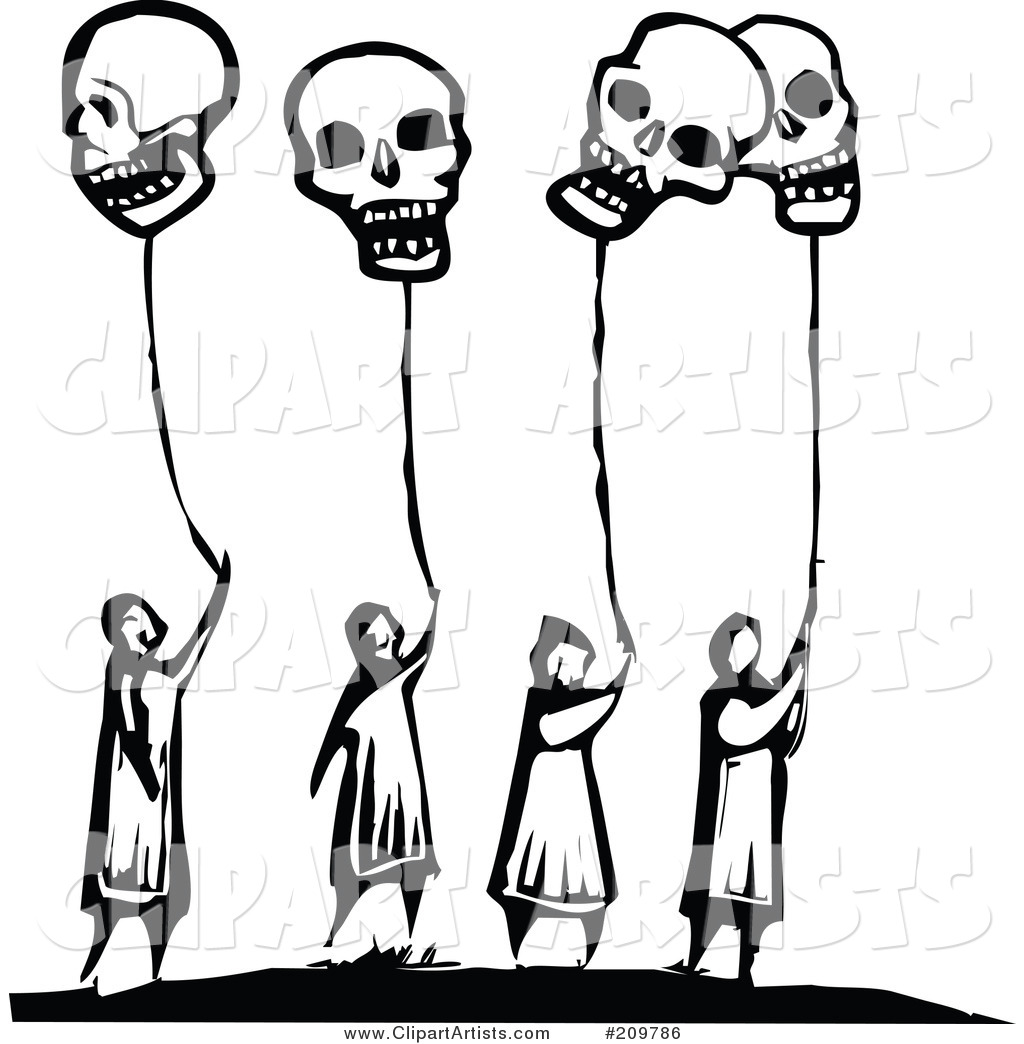 Group of Black and White People Holding onto Skull Balloons