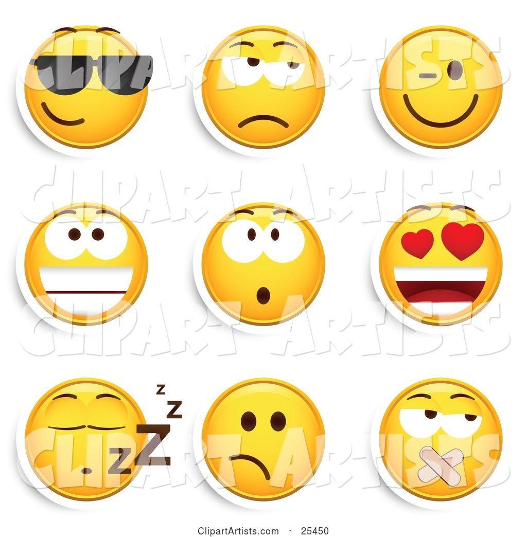Group of Cool, Grouchy, Winking, Smiling, Surprised, Infatuated, Sleeping and Silenced Yellow Emoticon Faces