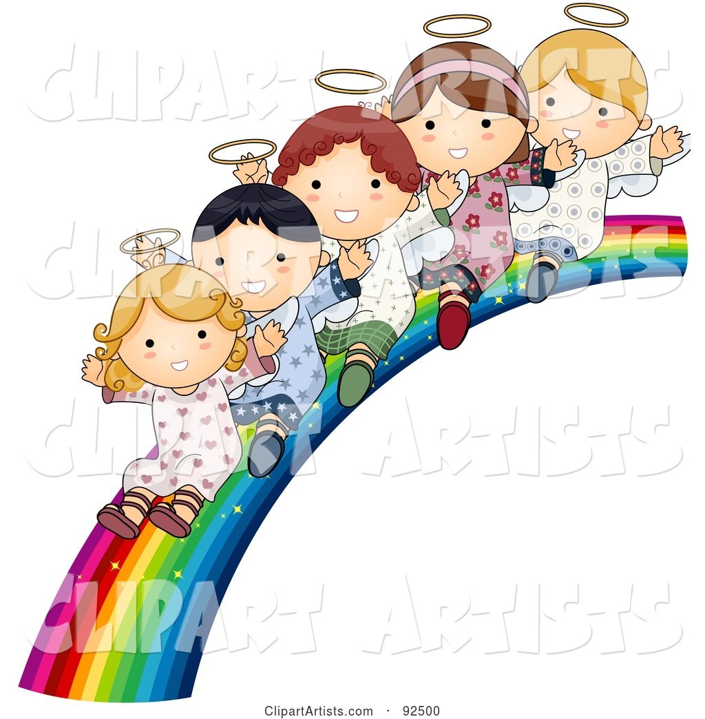 Group of Cute Angels Waving and Riding down a Rainbow Slide