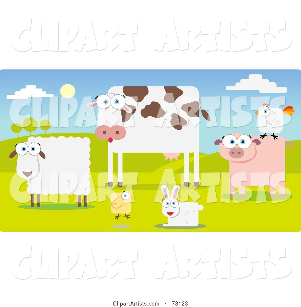Group of Farm Animals in a Pasture; Sheep, Cow, Chicken, Rabbit, Pig and Rooster