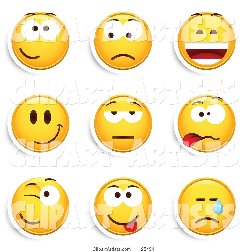 Group of Friendly, Upset, Laughing, Happy, Bored, Goofy, Winking and Crying Yellow Emoticon Faces