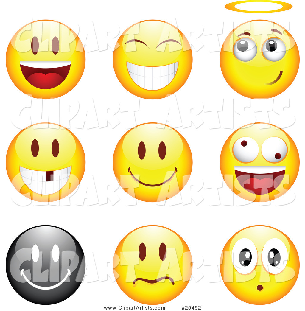 Group of Happy, Angelic, Goofy and Upset Black and Yellow Emoticon Faces