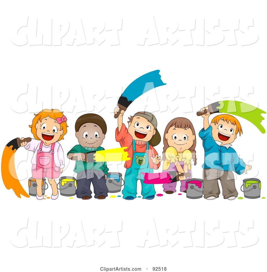 Group of Happy Diverse Children Painting with Different Colors