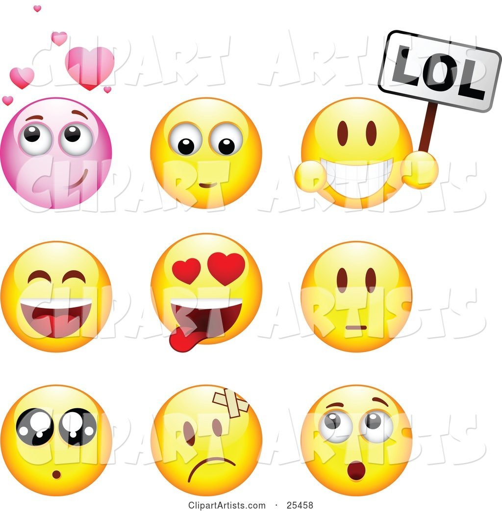 Group of Infatuated, Laughing, Nervous, Hurt and Surprised Pink and Yellow Emoticon Faces