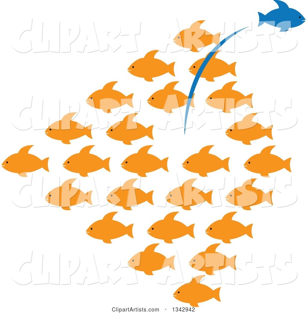 Group of Orange Fish with a Blue One Leaping out in the Opposite Direction