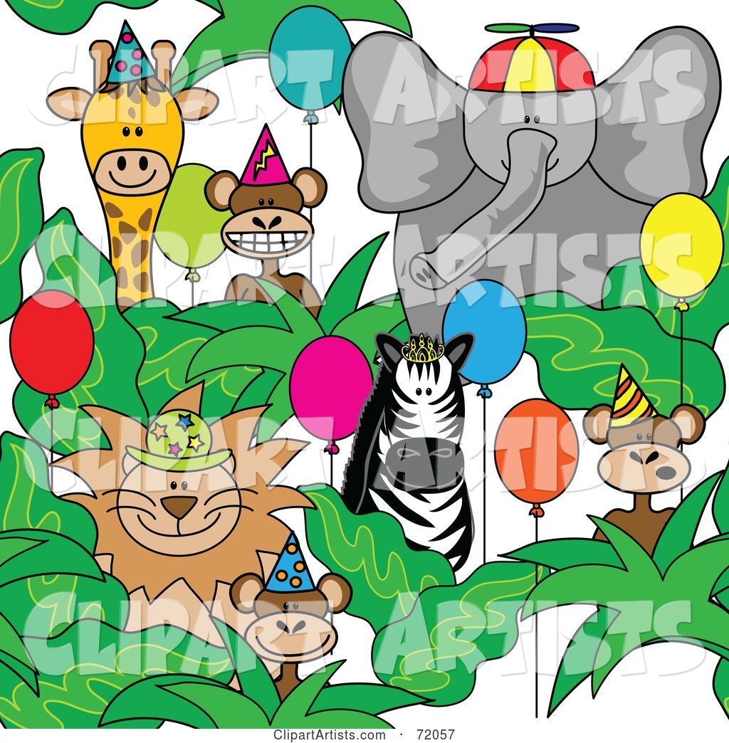 Group of Party Animals with Hats and Balloons
