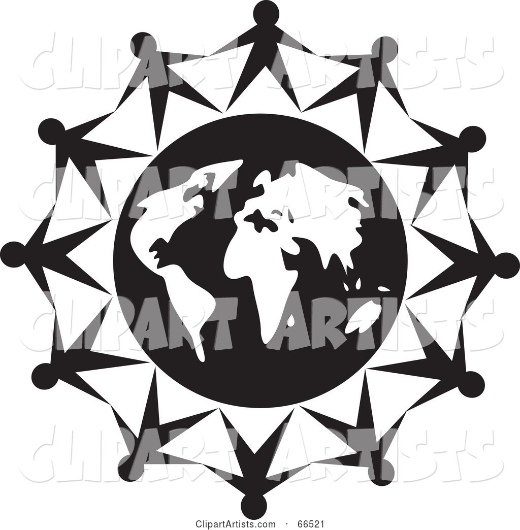 Group of People Holding Hands Around a Globe - Black and White