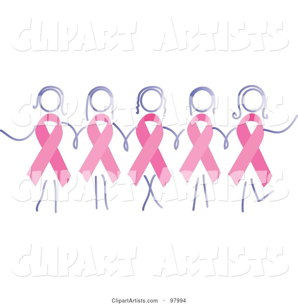 Group of Women with Breast Cancer Awareness Ribbon Bodies, Holding Hands