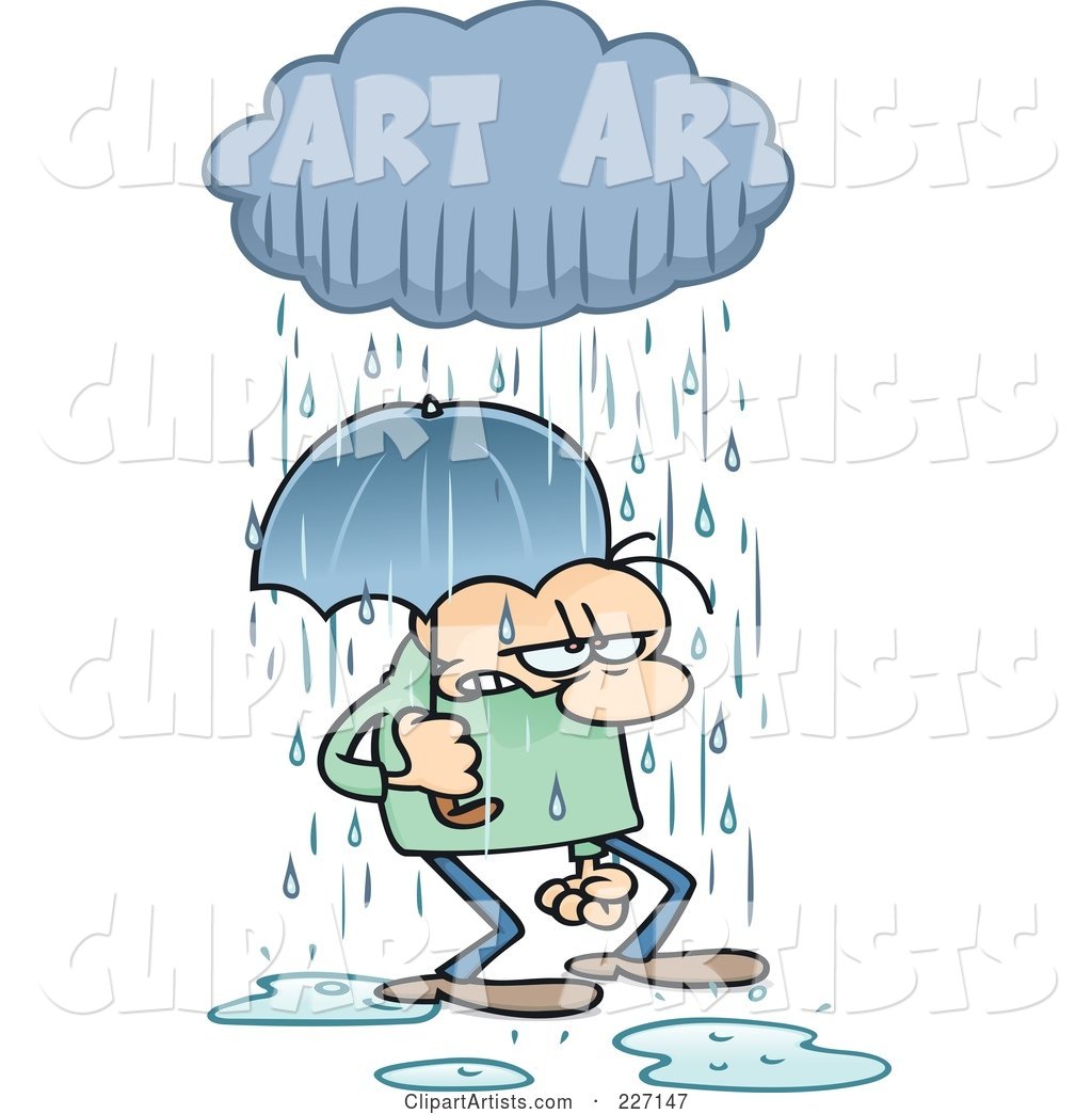 Grumpy Toon Guy Getting Rained on and Walking Under an Umbrella