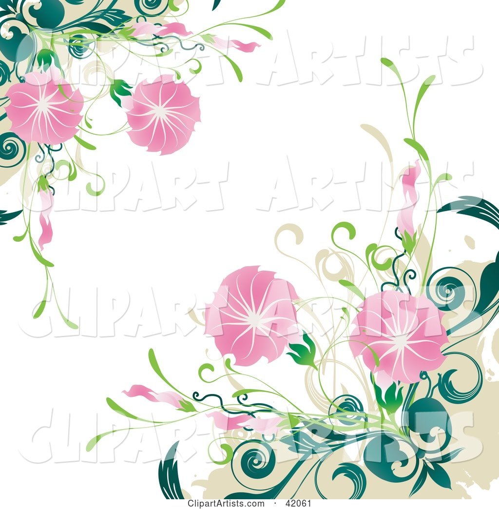 Grunge Floral Background of Blooming Pink Flowers on Green Plants, over White
