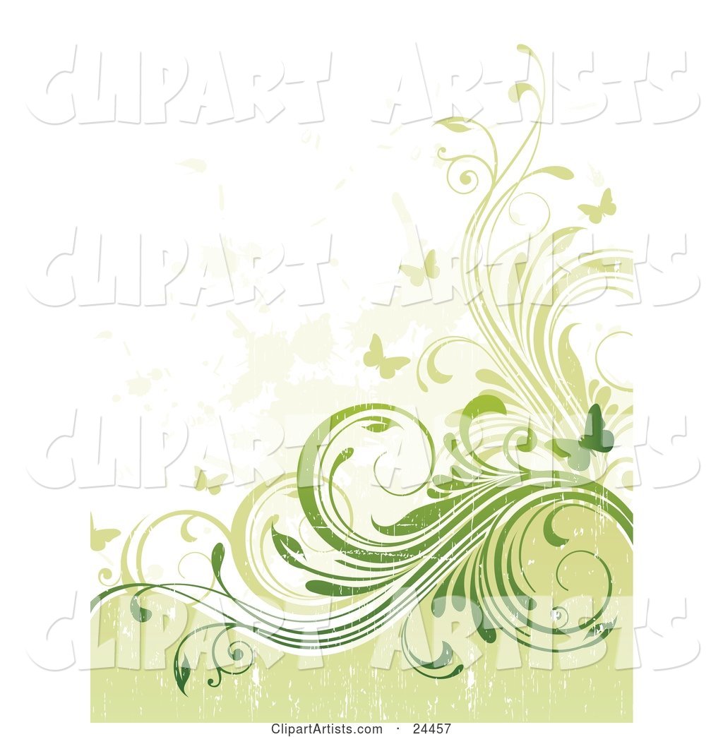 Grunge Textured Background with Pale and Dark Green Curling Vines and Fluttering Butterflies