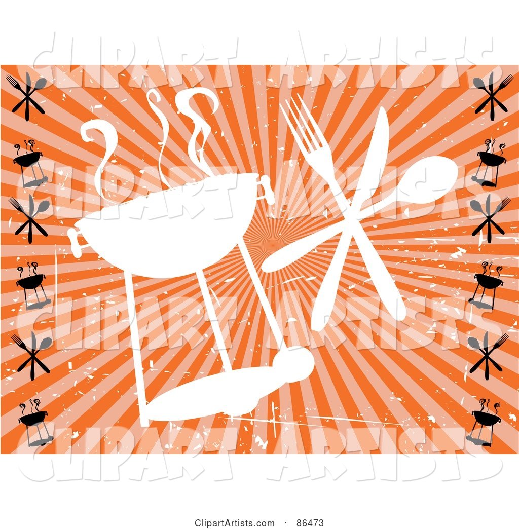 Grungy Retro Styled White Barbeque Silhouette with Silverware over Orange