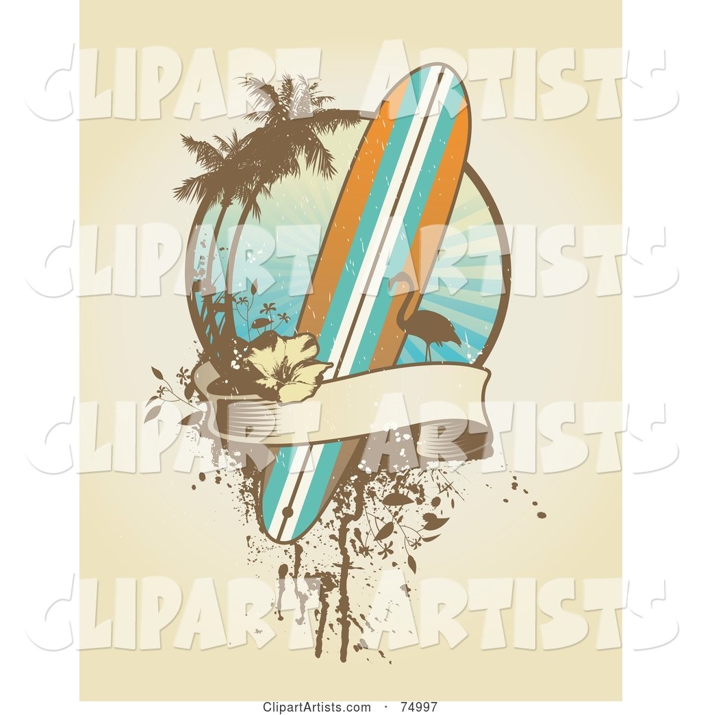 Grungy Surfboard, Flamingo, Palm Tree and Banner Design Background