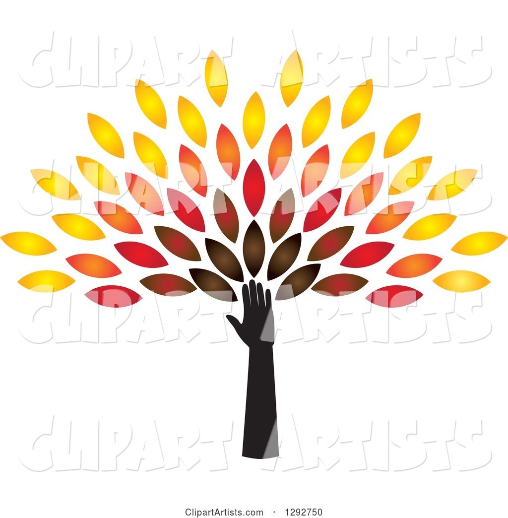 Hand and Arm Forming the Trunk of a Tree with Colorful Autumn Leaves