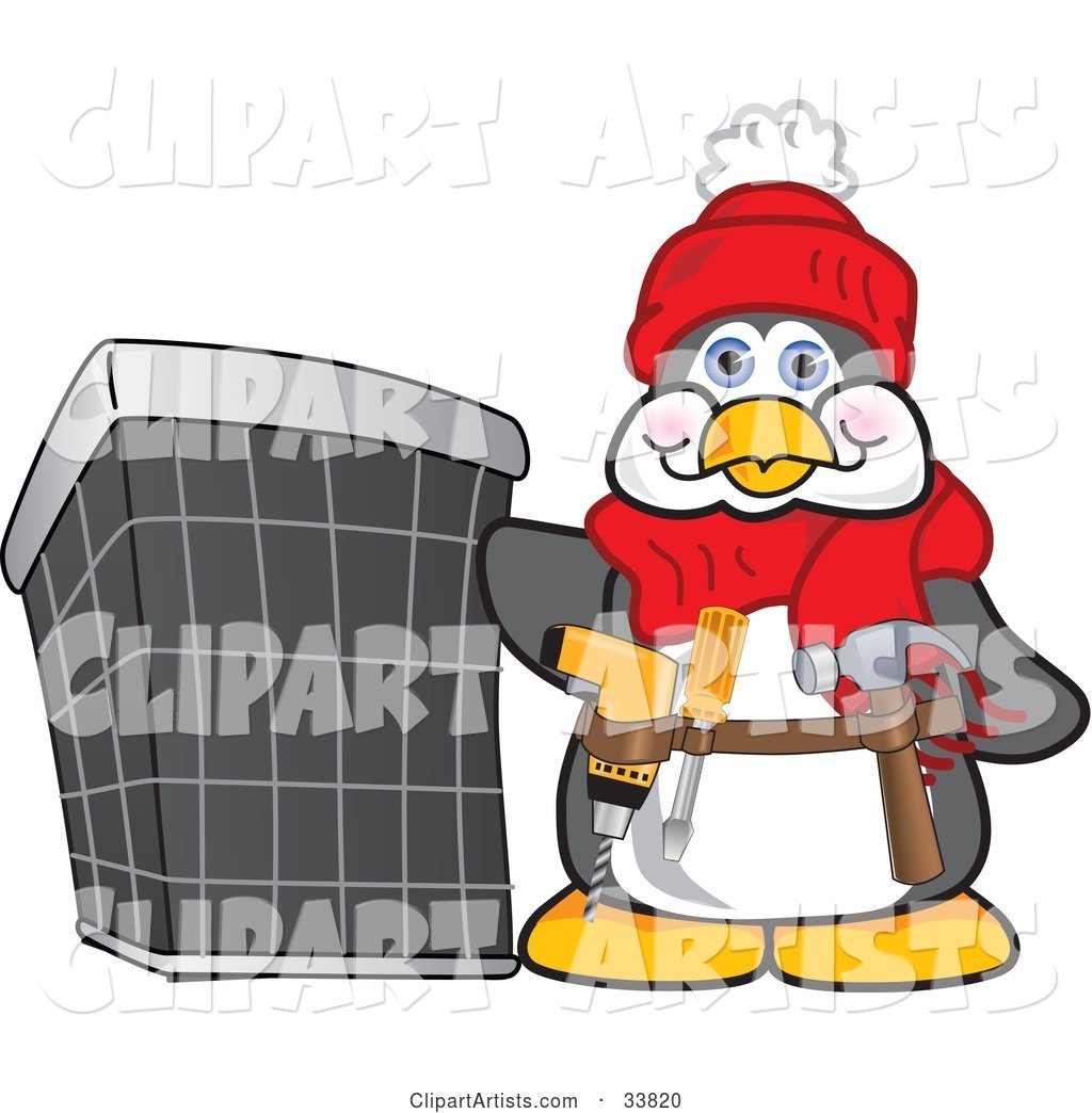 Handy Penguin Mascot Cartoon Character Wearing a Tool Belt and Standing by an Air Conditioning Unit