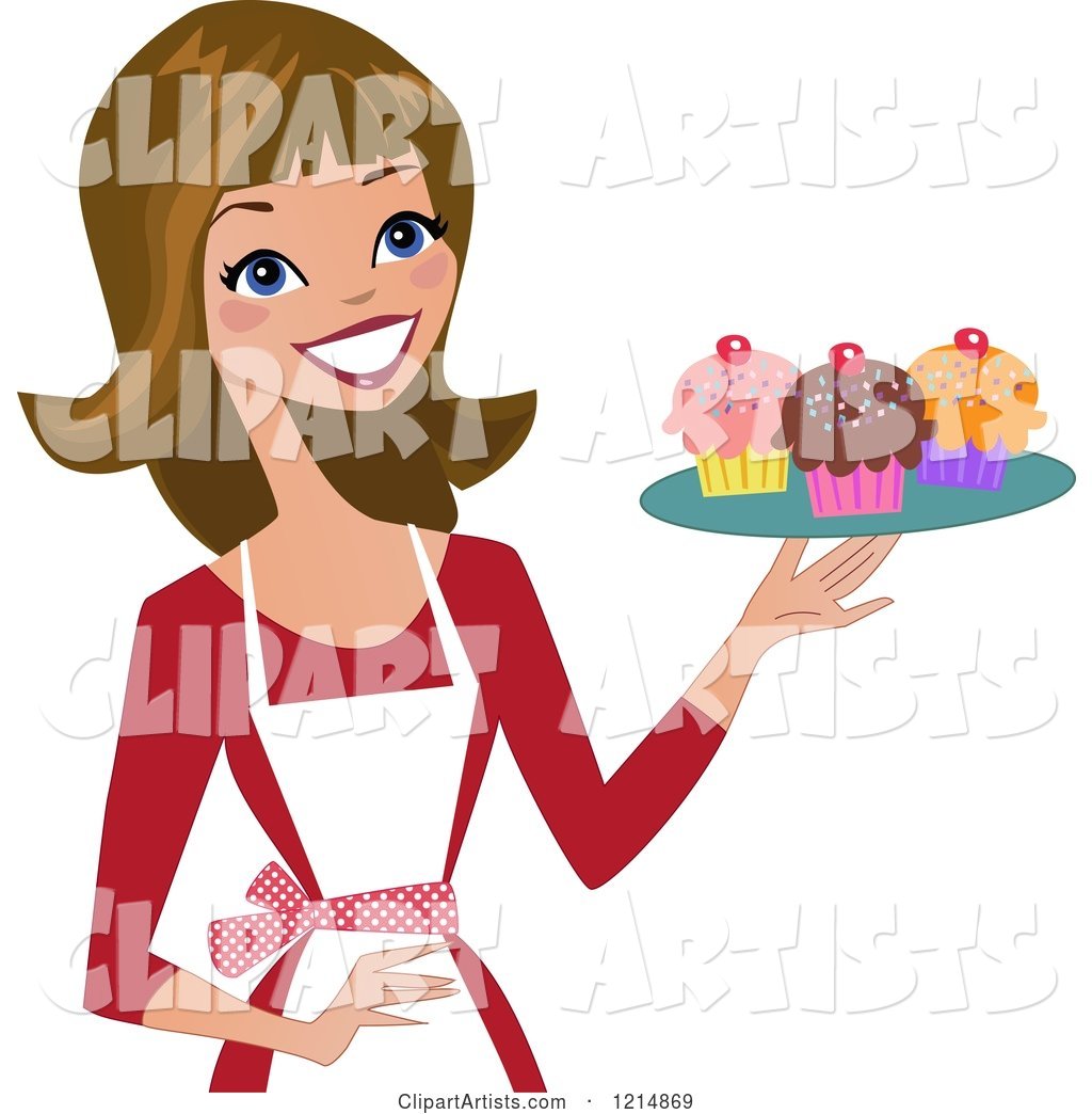 Happy Baker Woman Holding a Tray of Cupcakes