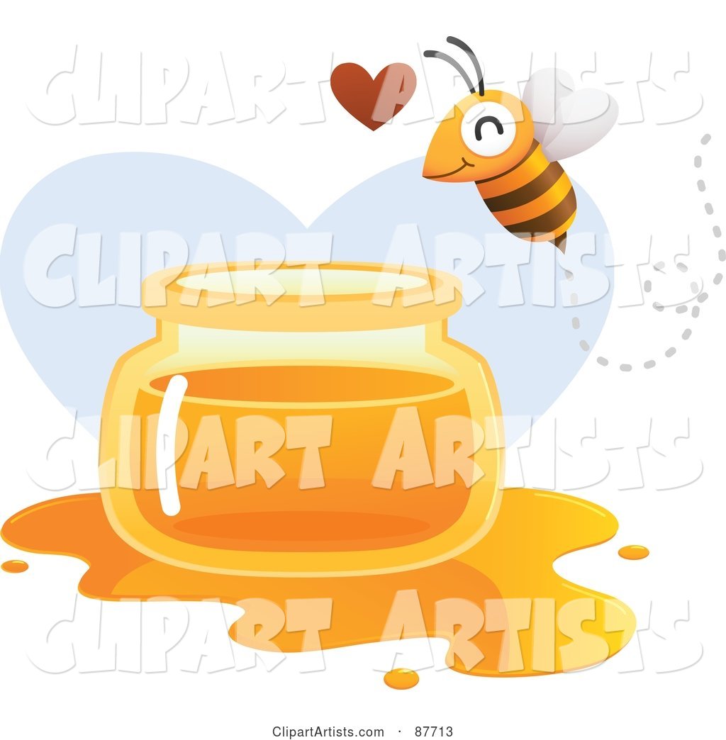 Happy Bee Flying over a Spilled Jar of Honey