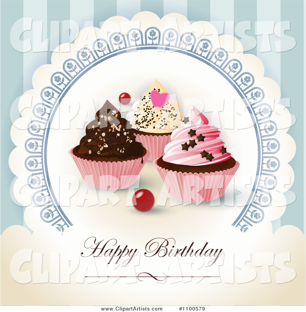 Happy Birthday Greeting with Cupcakes on Blue