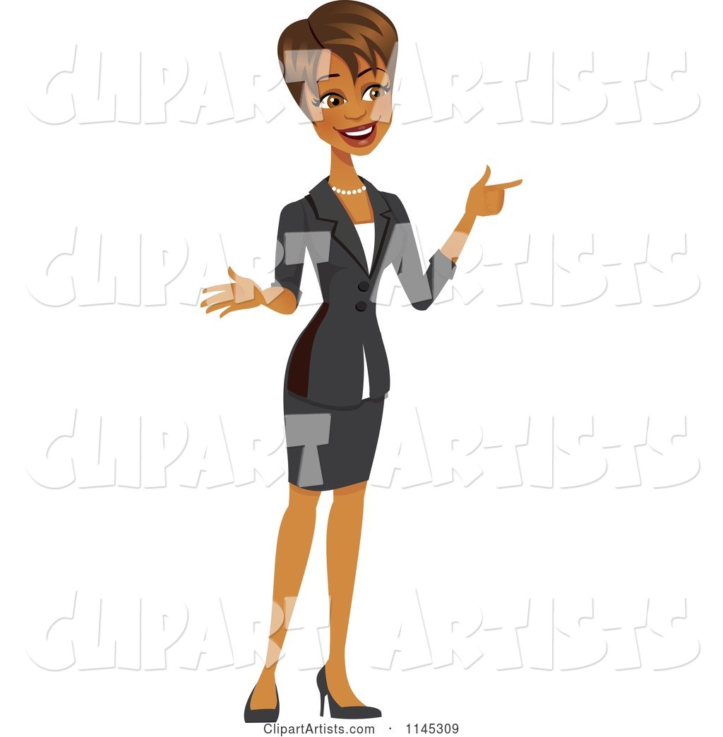 Happy Black or Indian Businesswoman Pointing