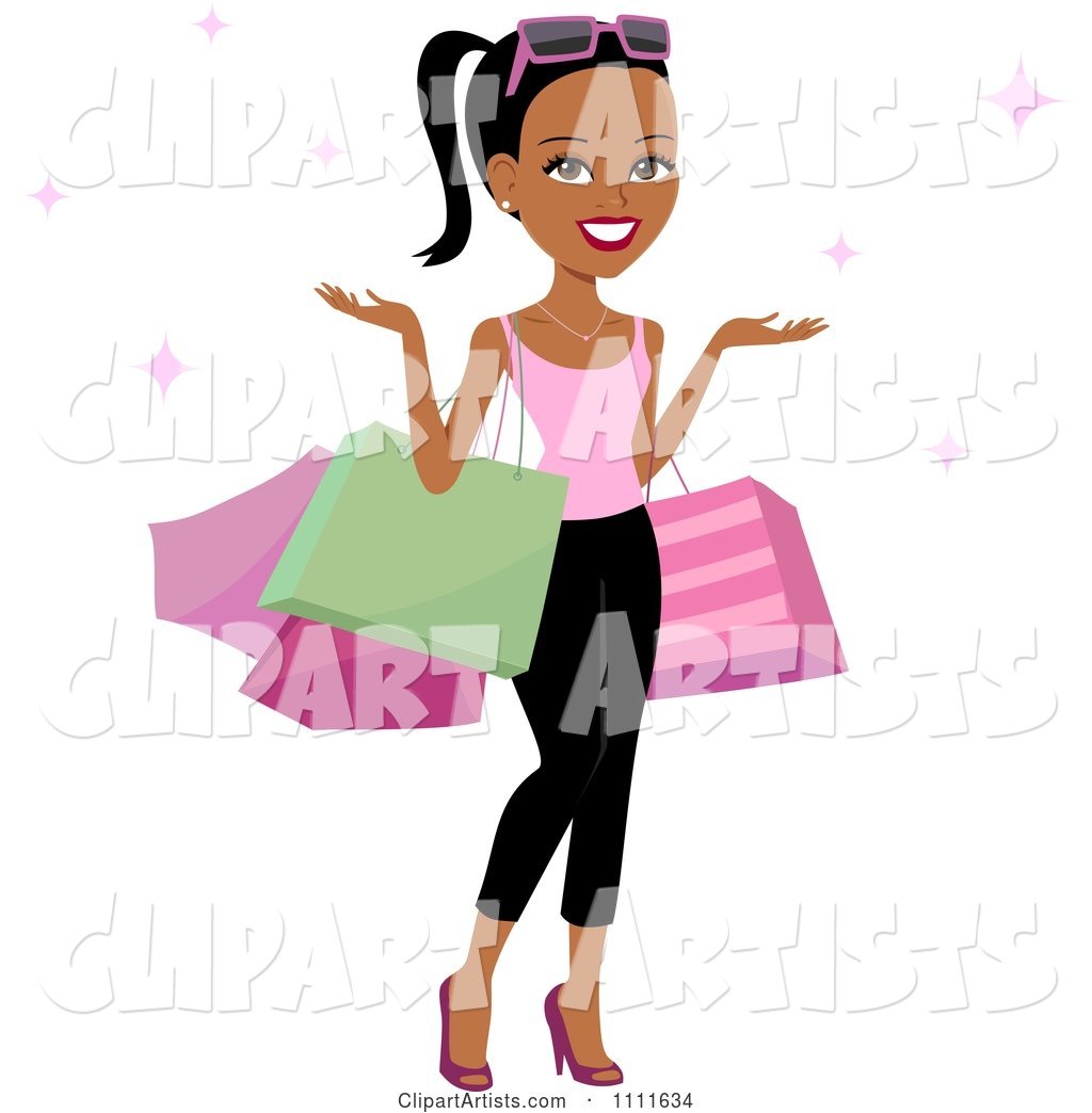 Happy Black Woman Shrugging with Shopping Bags on Her Arms and Pink Sparkles