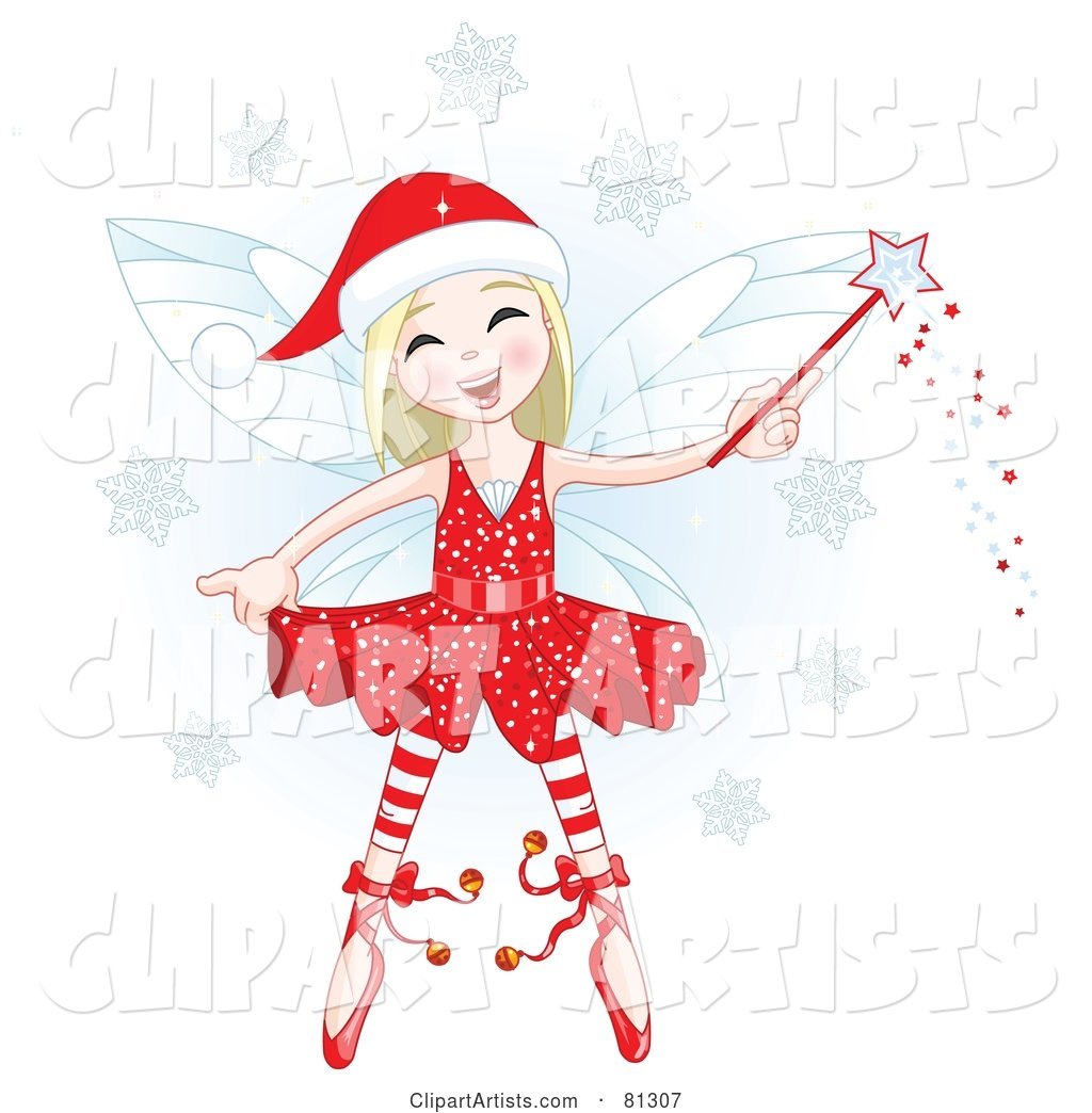 Happy Blond Christmas Fairy Girl with a Magic Wand