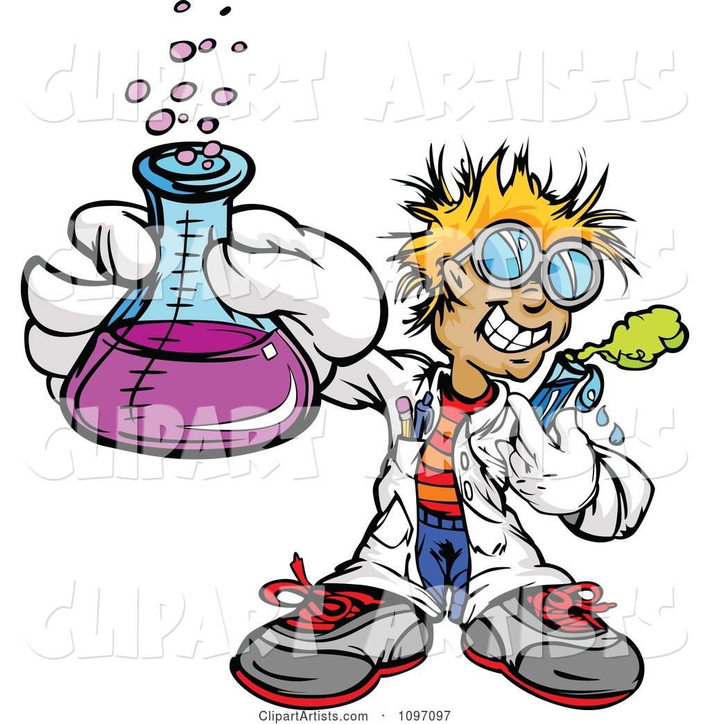 Happy Blond Scientist Boy Holding a Flask and Test Tube