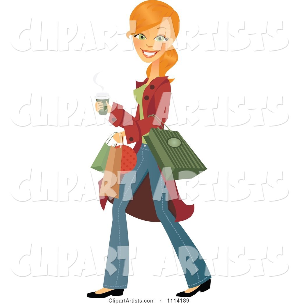 Happy Blond Woman Carrying a Coffee and Shopping Bags