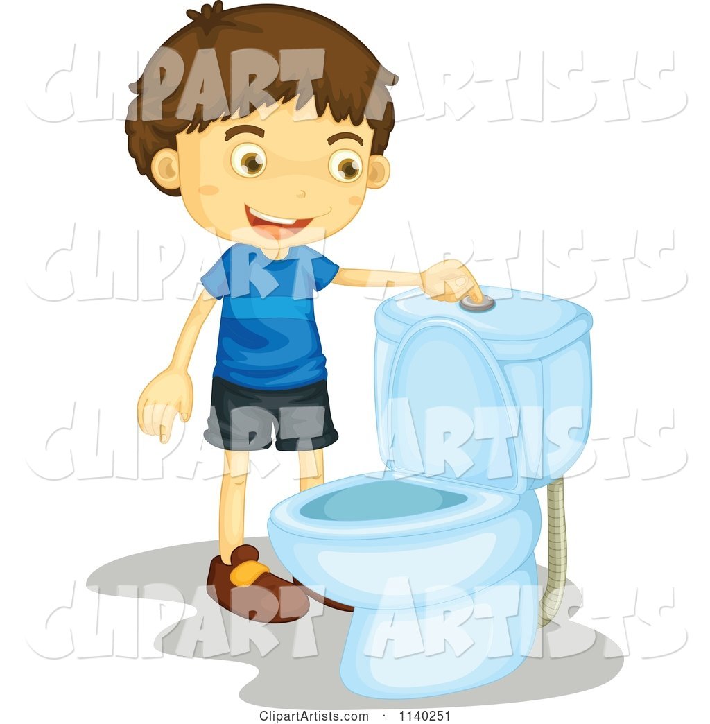 Happy Brunette Boy Flushing a Toilet