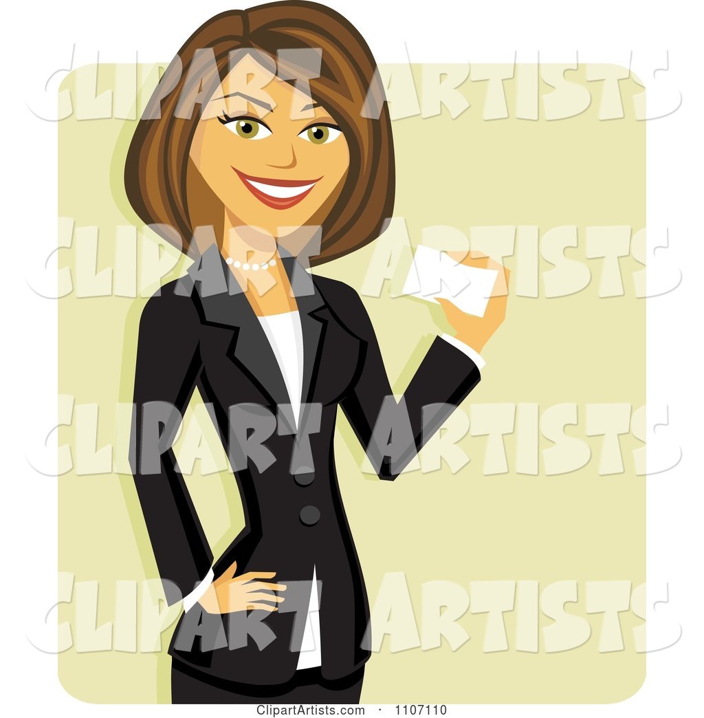 Happy Brunette Businesswoman Holding a Business Card over Green