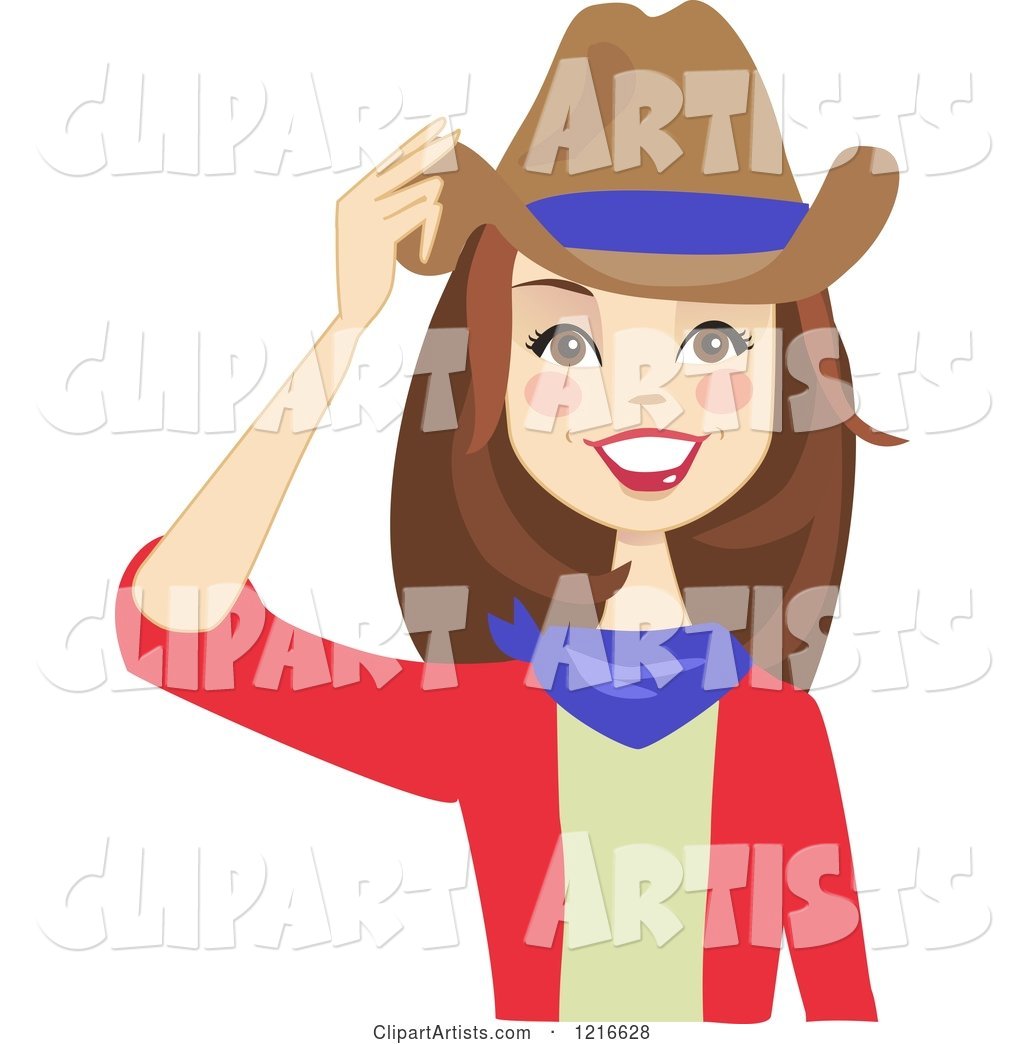 Happy Brunette Cowgirl Woman Touching Her Hat with a Blue Stripe