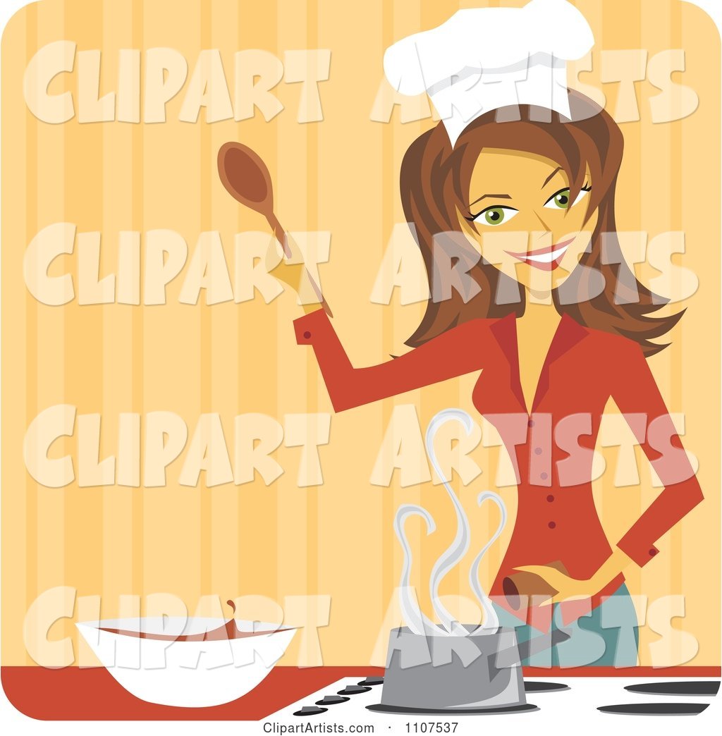 Happy Brunette Female Chef Seasoning Food in a Pot on a Stove over Orange