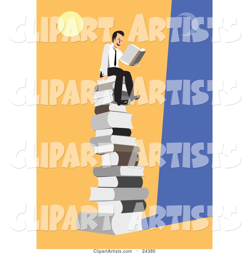 Happy Businessman Seated on Top of a Giant Stack of Books Under the Moon and Sun, Reading a Novel