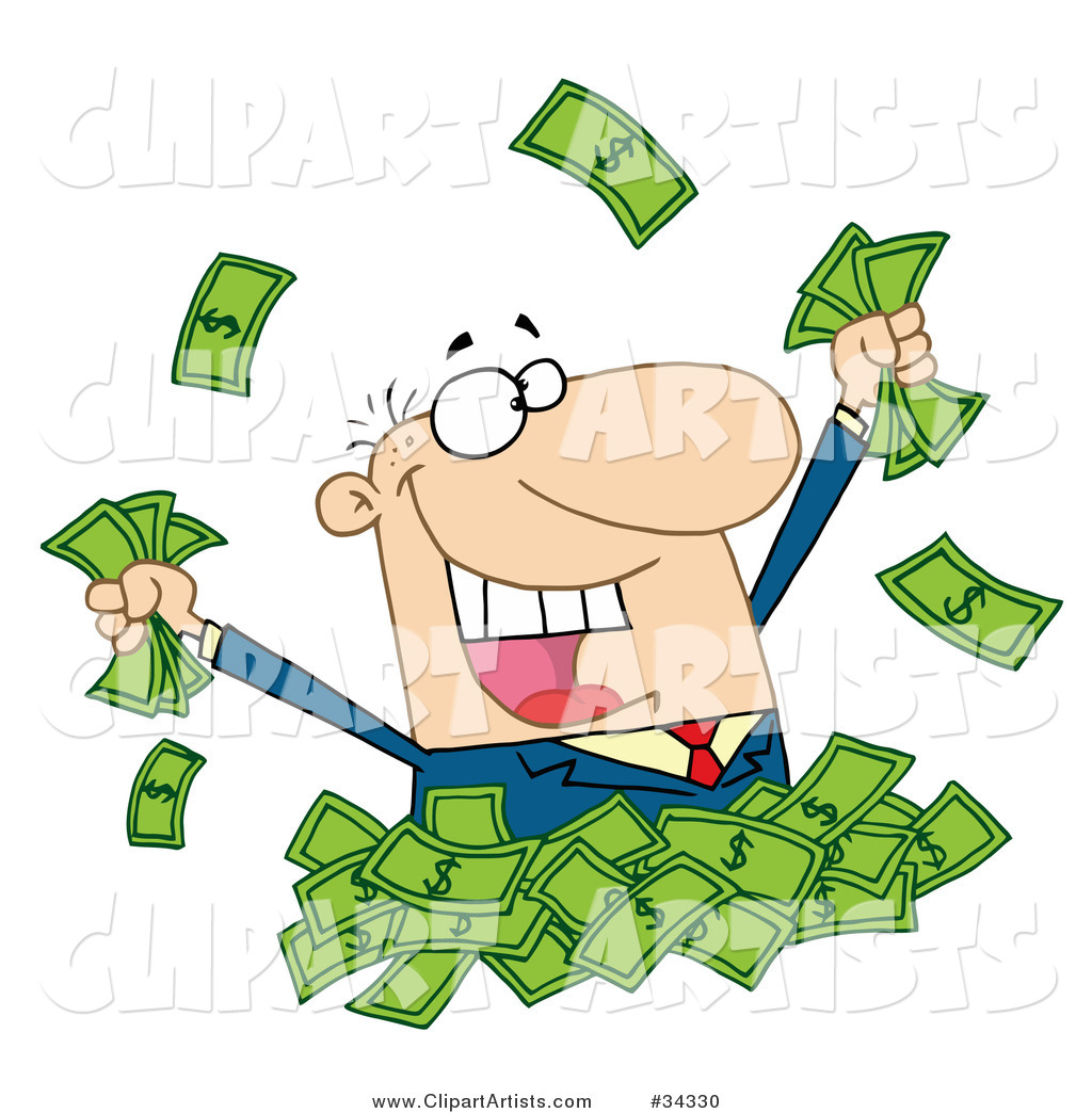 Happy Caucasian Businessman Playing in a Pile of Money