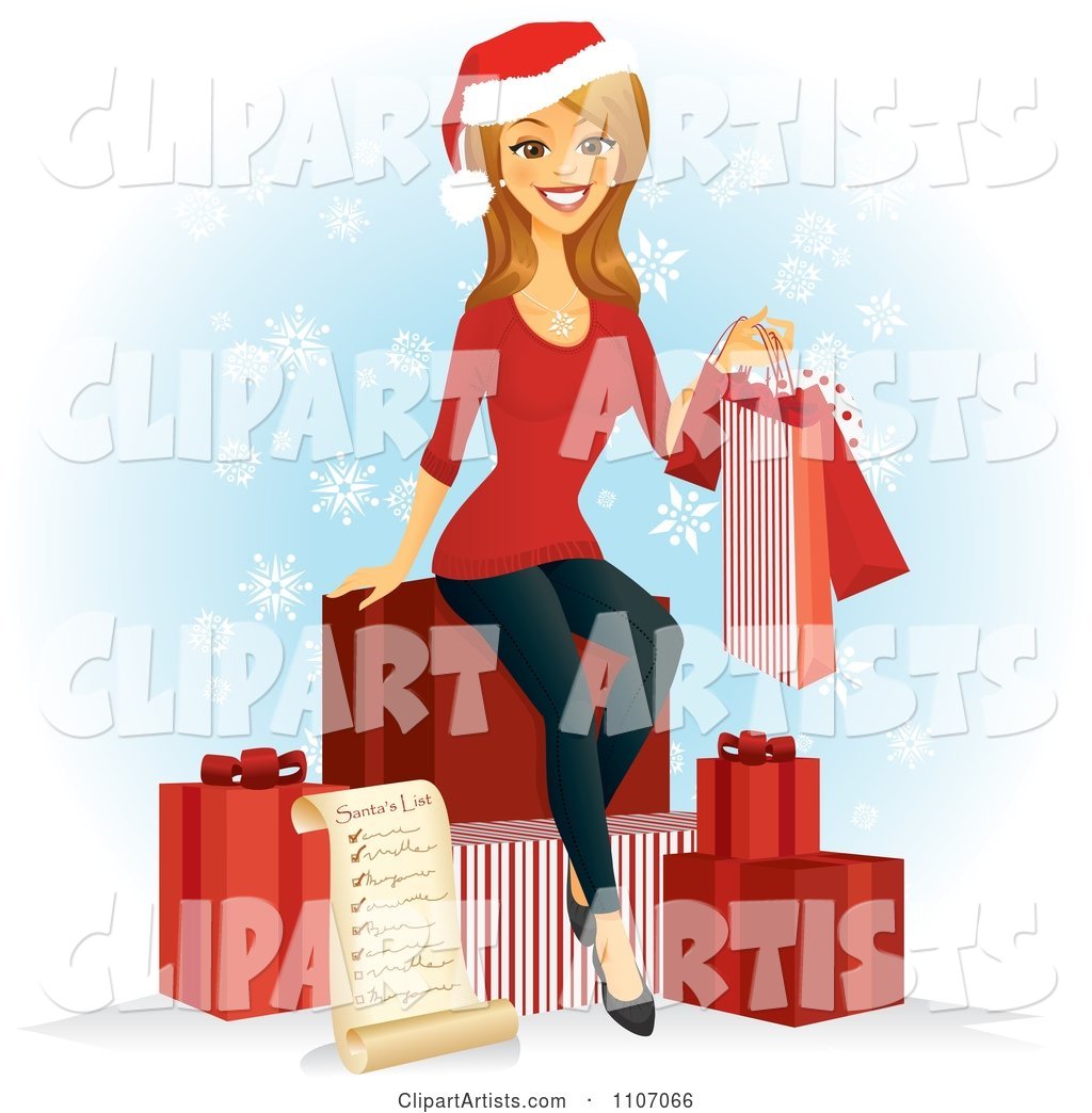 Happy Caucasian Woman with a Christmas Shopping List Bags and Gifts over Snowflakes