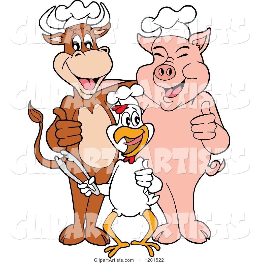 Happy Chef Bull Chicken and Pig Holding Thumbs up and Tongs