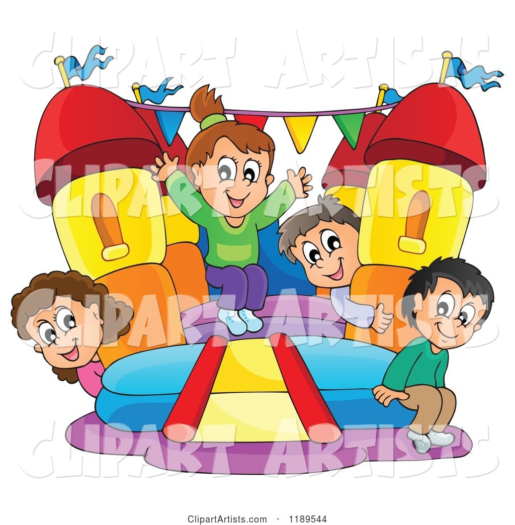 Happy Children Playing on a Bouncy House Castle