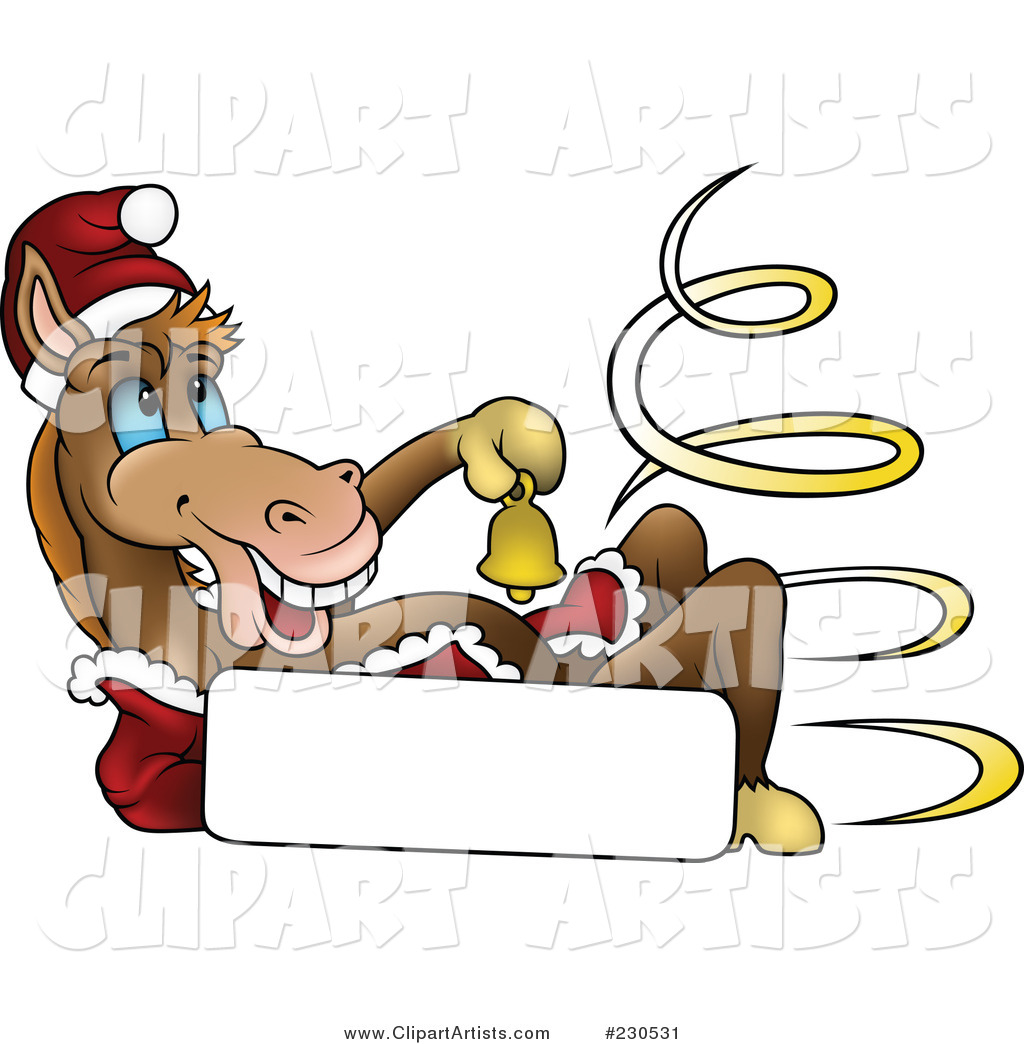 Happy Christmas Horse Ringing a Bell over a Blank Sign