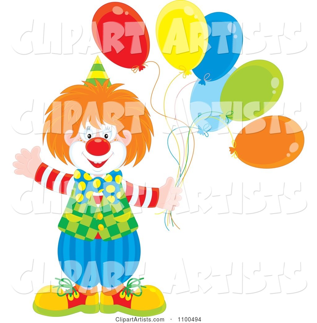 Happy Clown Waving and Holding Party Balloons