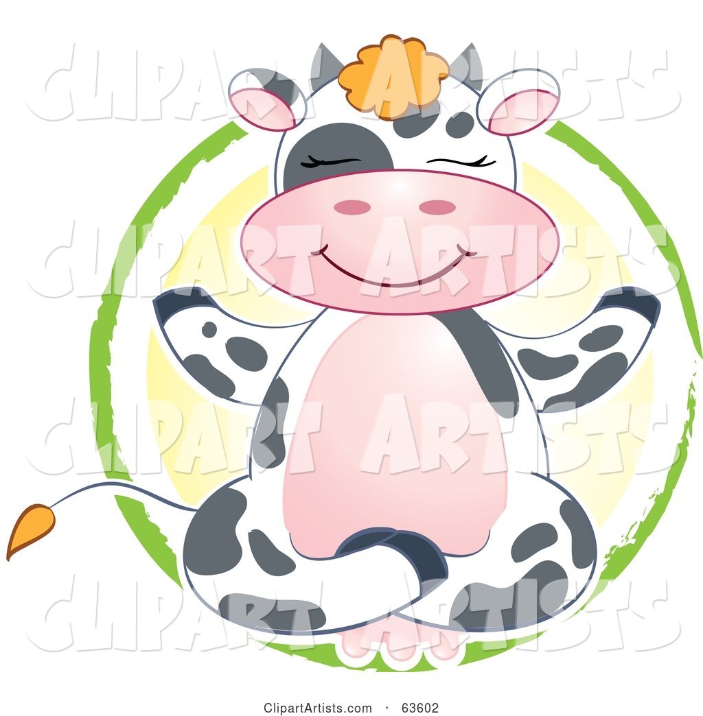 Happy Dairy Cow Meditating in a Yellow and Green Circle