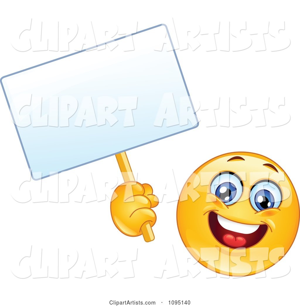 Happy Emoticon Smiley Face Holding a Blank Sign