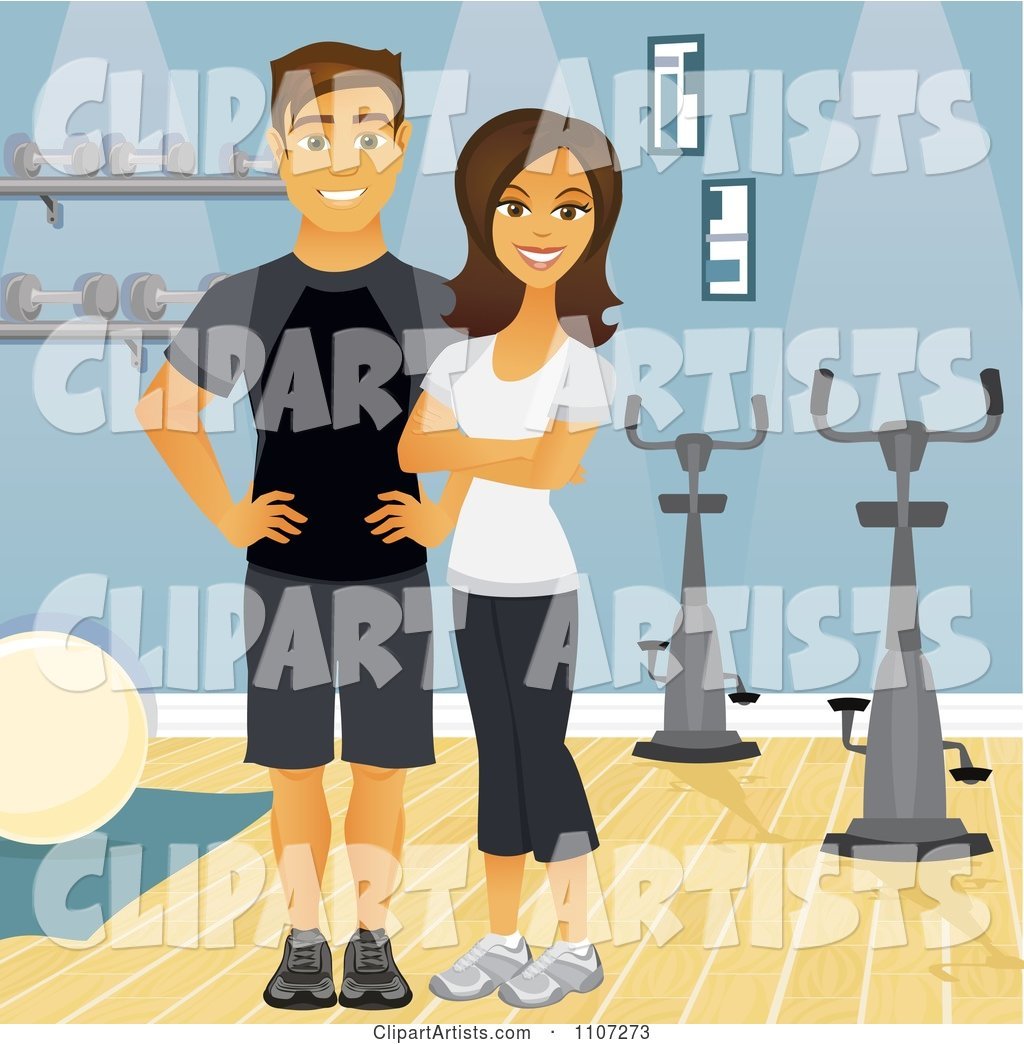 Happy Fit Couple or Personal Trainers near Spin Bikes in a Gym