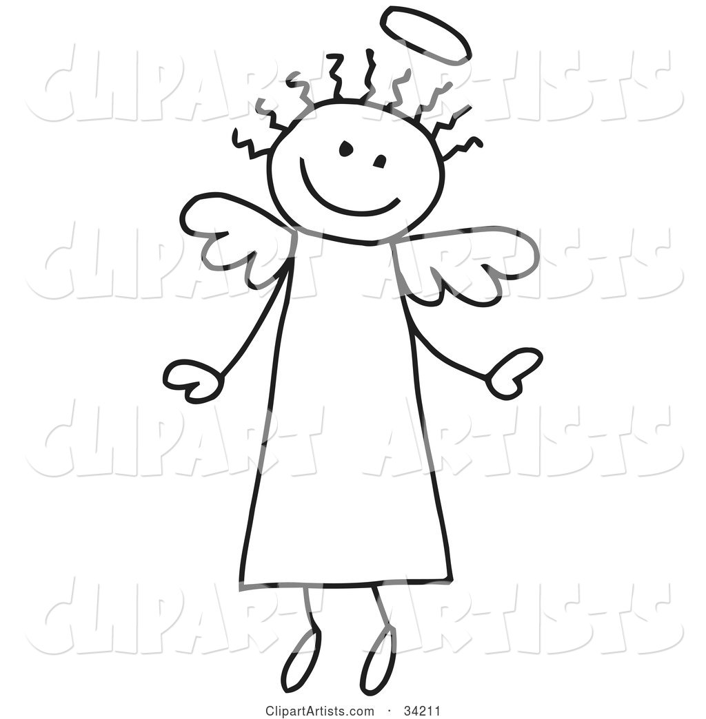 Happy Flying Stick Angel with Hair and a Halo