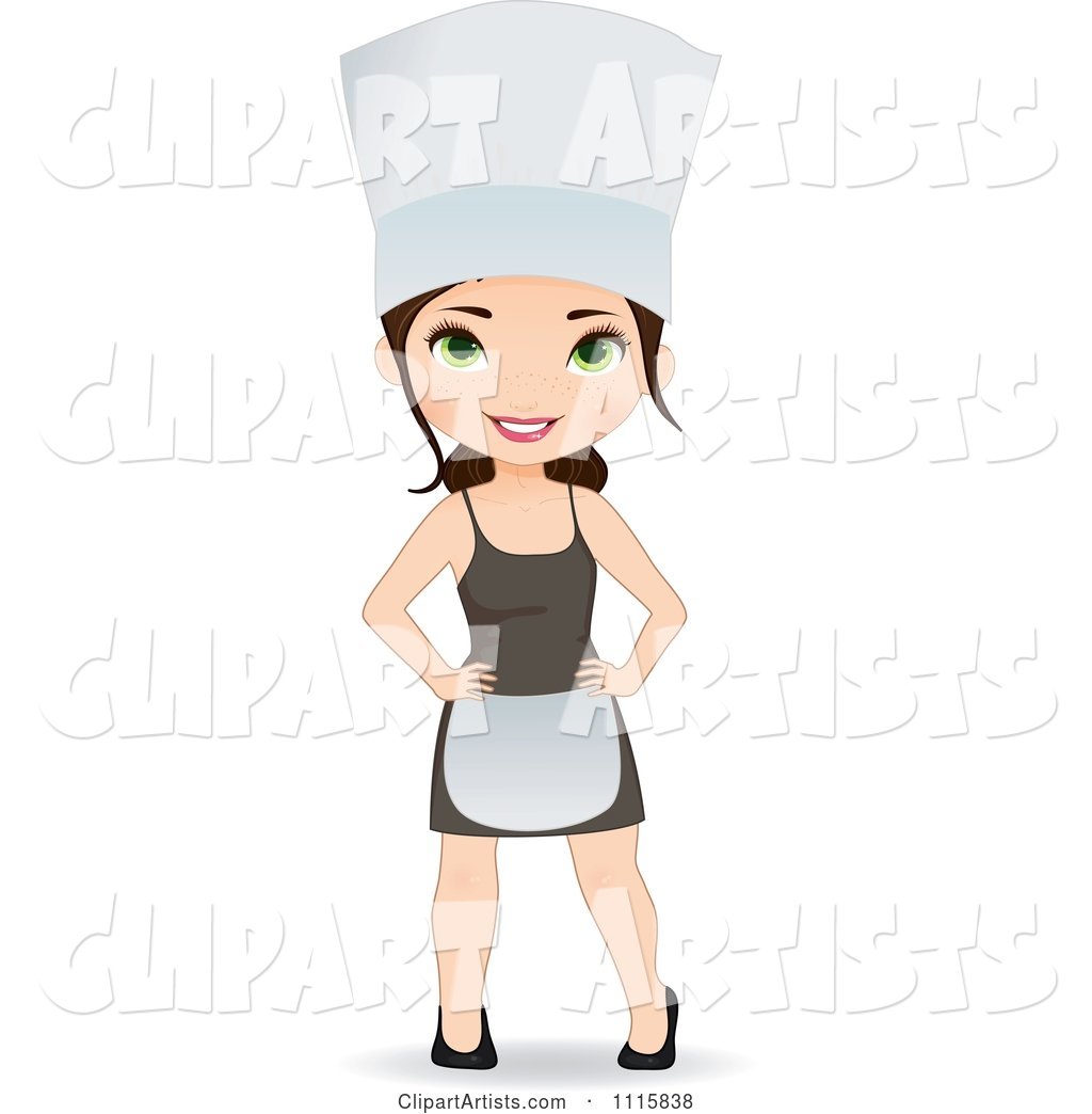 Happy Freckled Female Chef in a Hat Apron and Dress
