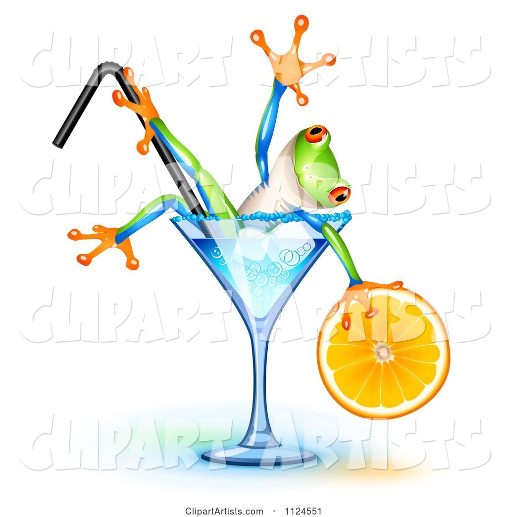 Happy Frog Holding an Orange Wedge and Soaking in a Blue Lagoon Cocktail Glass